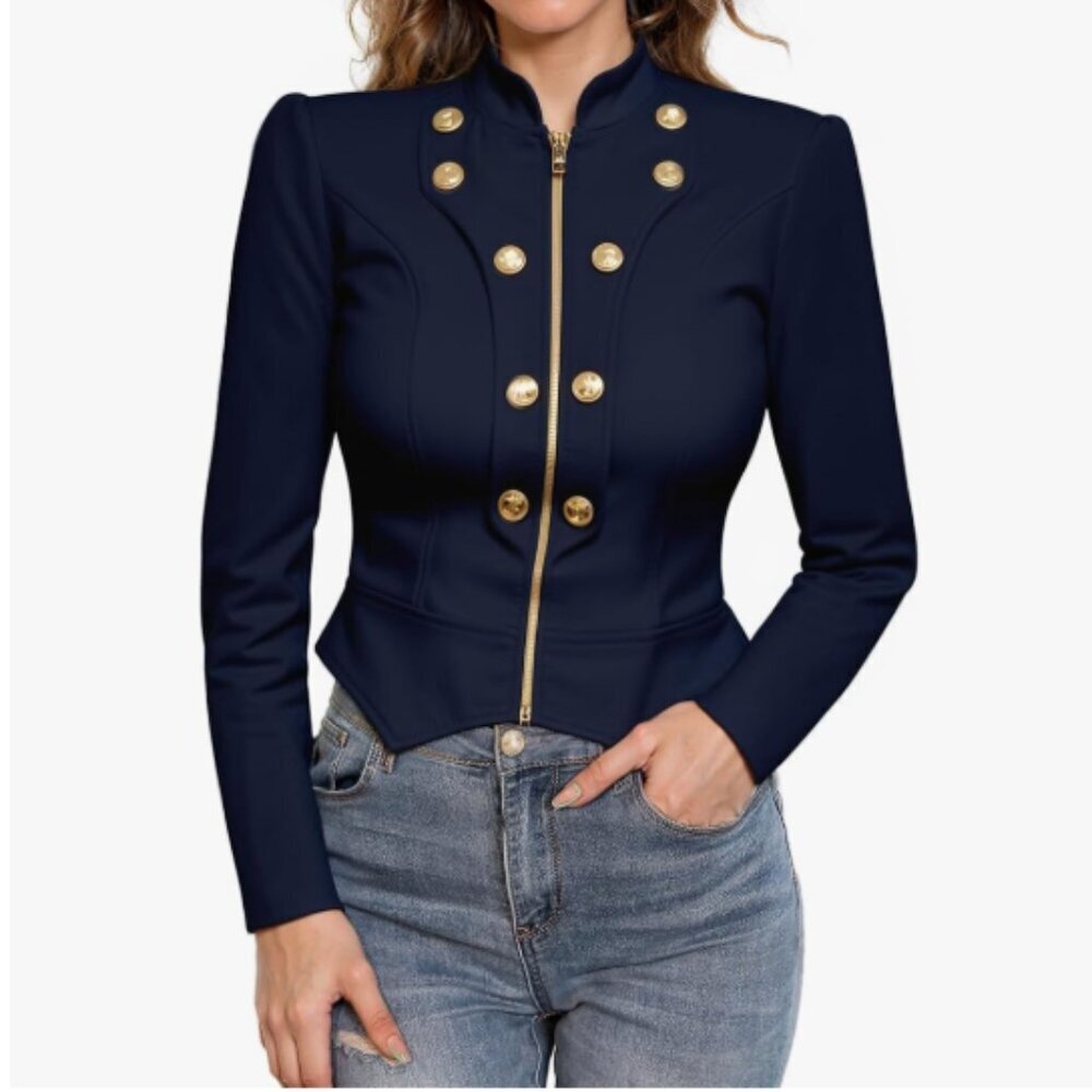 Hybrid & Company Super Stretch Navy Military Crop Blazer with Gold Accents, 1X